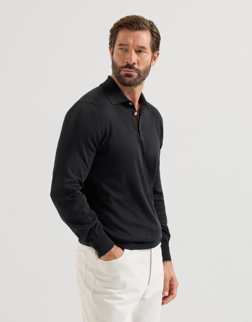 襟スパンコール付き ポロシャツ 　ブラック BRUNELLO CUCINELLI メンズ 向け ブラック ライトウェイトコットン ニットポロシャツ
