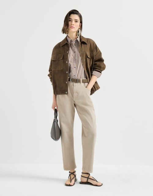Striped wrinkled poplin shirt with monili Brown Woman - Brunello Cucinelli