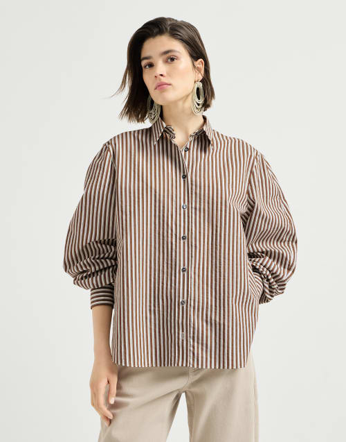 Striped wrinkled poplin shirt with monili Brown Woman - Brunello Cucinelli