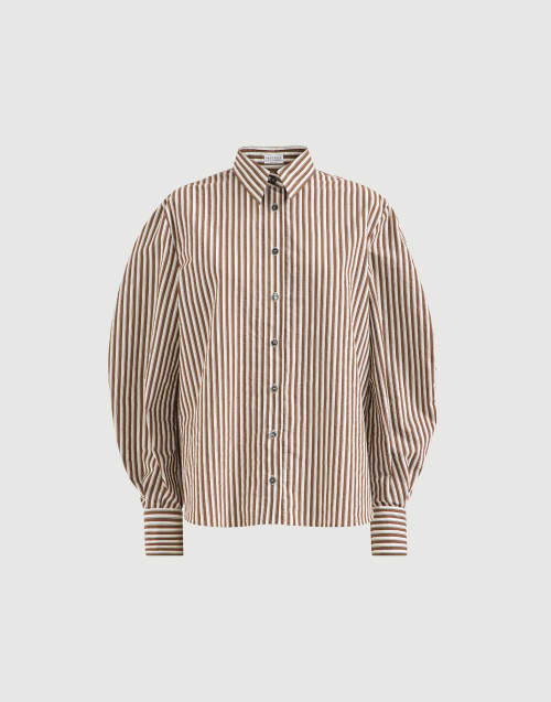 Striped wrinkled poplin shirt with monili Brown Woman - Brunello Cucinelli