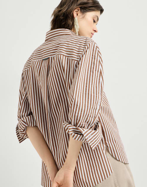 Striped wrinkled poplin shirt with monili Brown Woman - Brunello Cucinelli