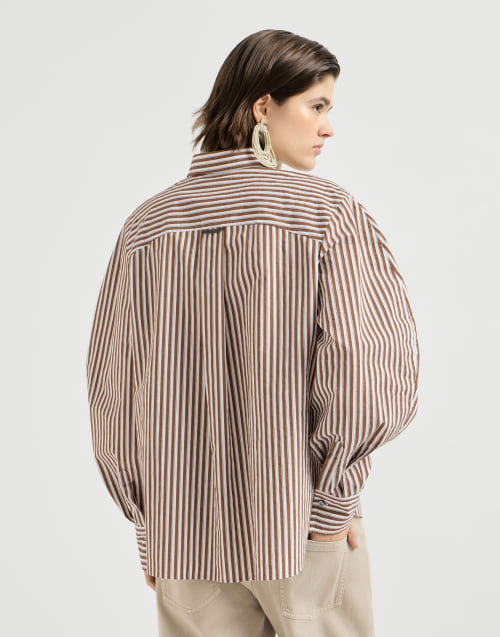 Striped wrinkled poplin shirt with monili Brown Woman - Brunello Cucinelli