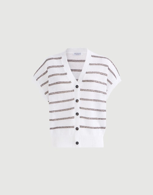 Linen and cotton dazzling stripes cardigan White Woman - Brunello Cucinelli