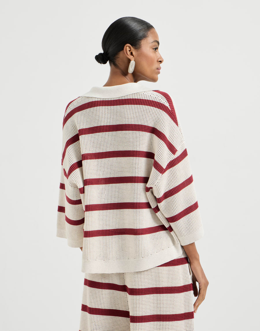Cotton striped net knit polo shirt Bordeaux Woman - Brunello Cucinelli