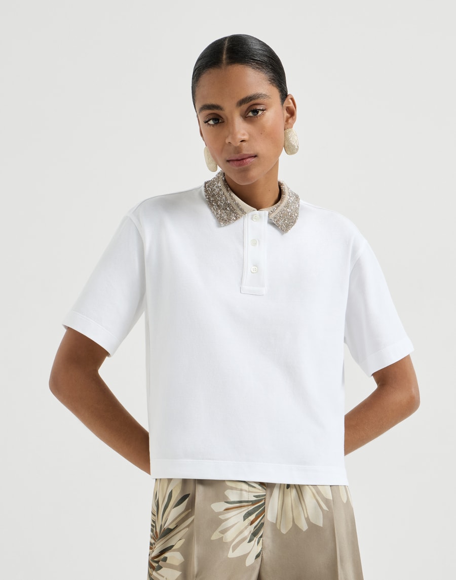 Polo with dazzling knit collar White Woman - Brunello Cucinelli