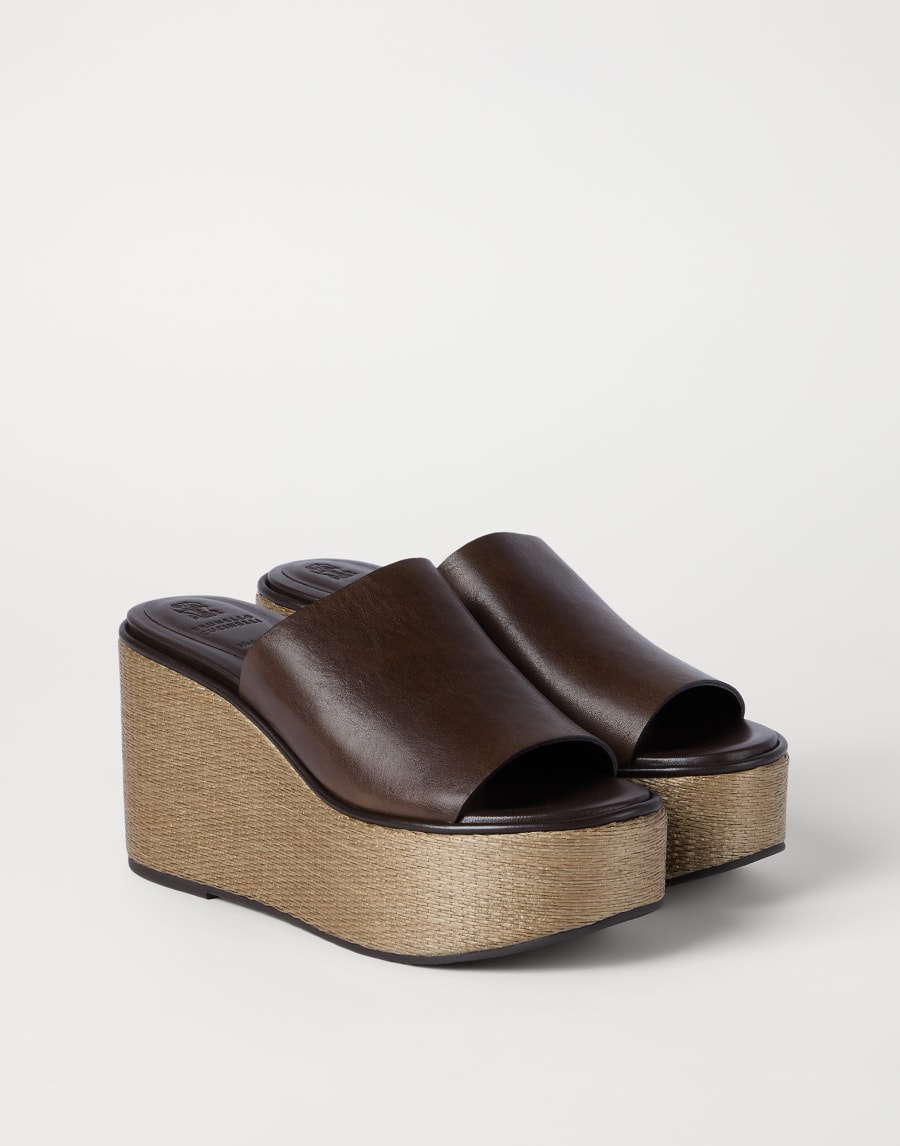 Chaussures compensées en cuir de vachette Cacao Femme - Brunello Cucinelli
