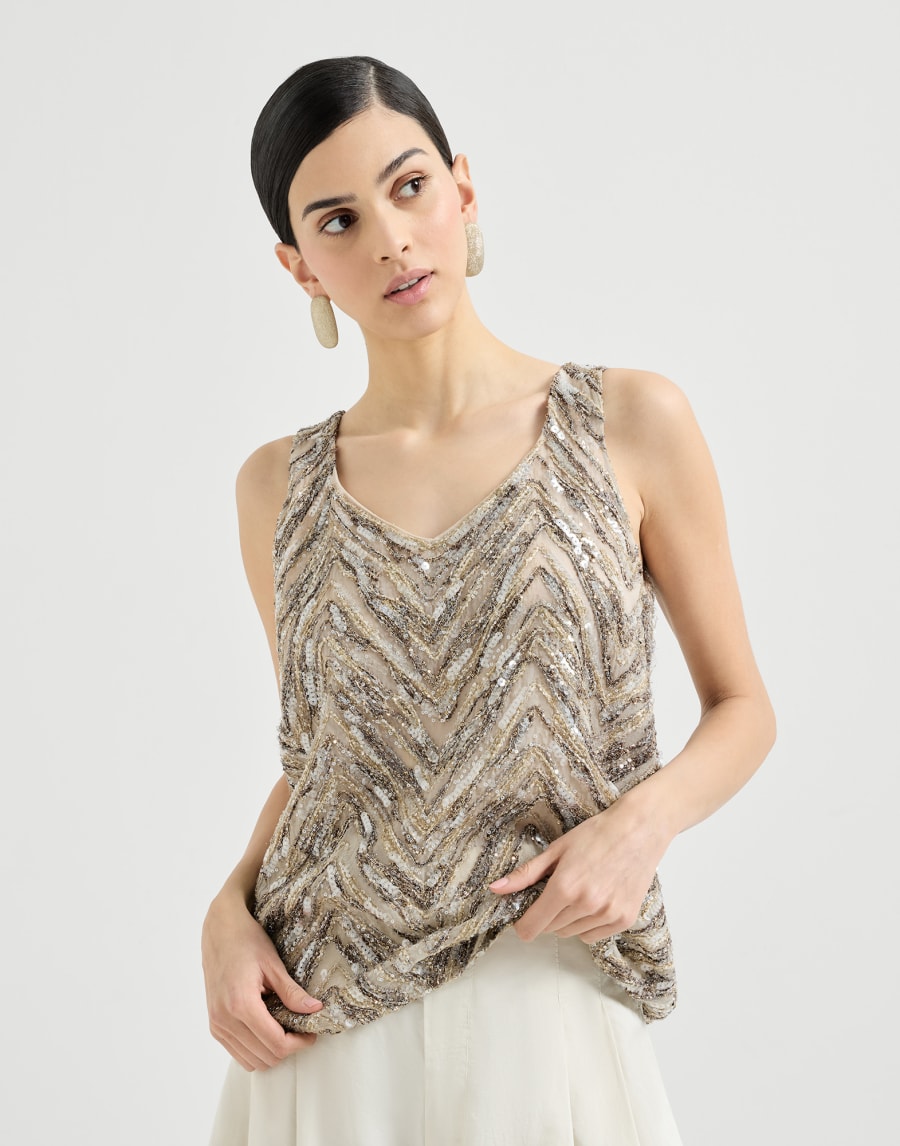 Top Dazzling Chevron Embroidery Beige Mujer - Brunello Cucinelli
