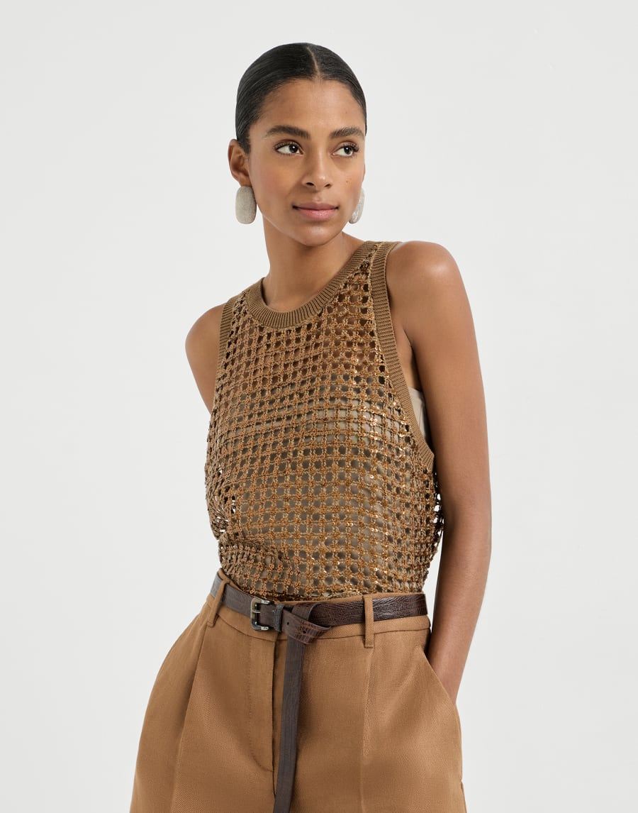Top Dazzling Net Embroidery Marrón Mujer - Brunello Cucinelli