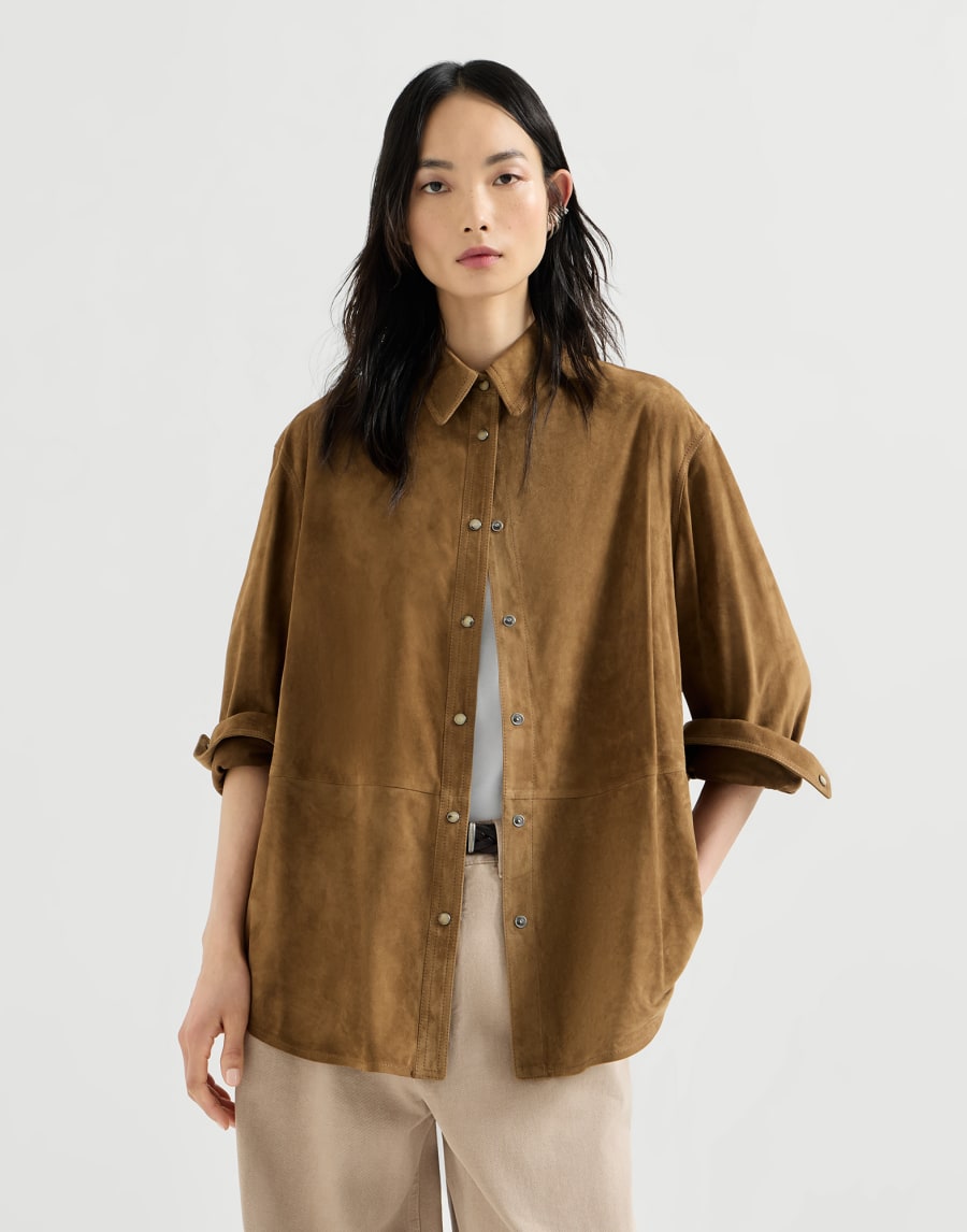 Camisa en piel de ante con Monile Marrón Claro Mujer - Brunello Cucinelli