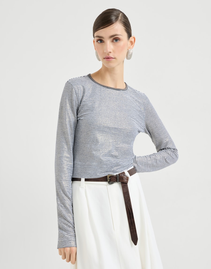 Striped jersey top with monili Blue Woman - Brunello Cucinelli