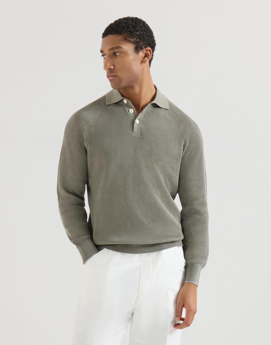 Rib knit polo Khaki Man - Brunello Cucinelli