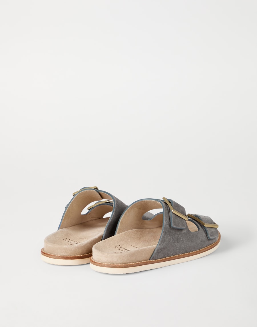 Suede slides with buckles Taupe Smoke Man - Brunello Cucinelli