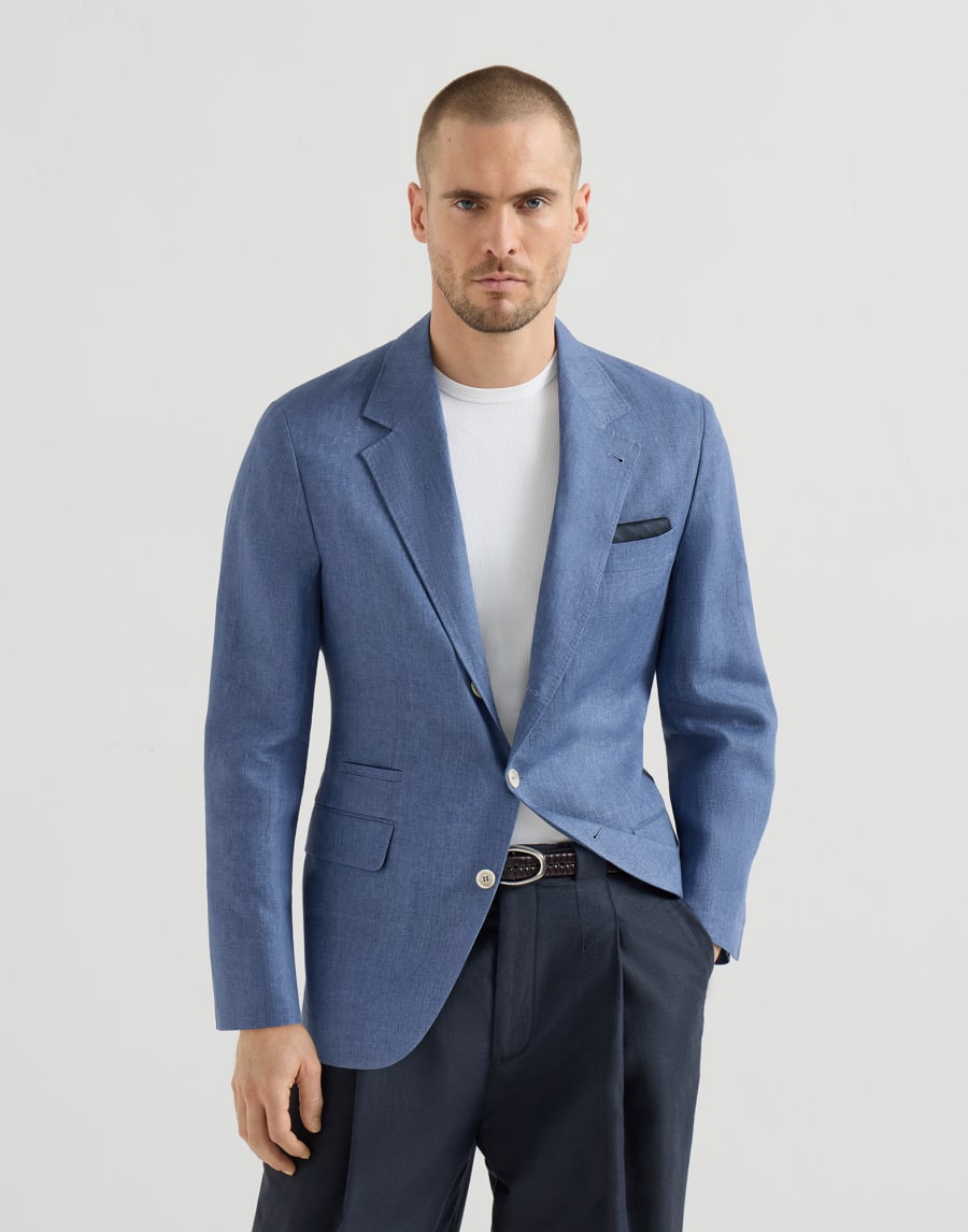 Linen deconstructed blazer Denim Man - Brunello Cucinelli