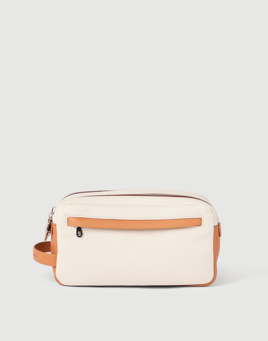 Trousse de toilette en vachette à double zip Blanc Cassé Homme - Brunello Cucinelli