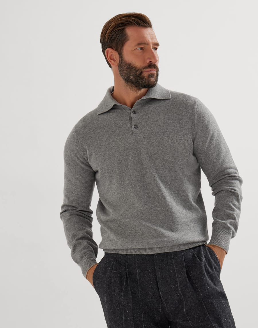 Cashmere and vicuña knit polo shirt Grey Man - Brunello Cucinelli