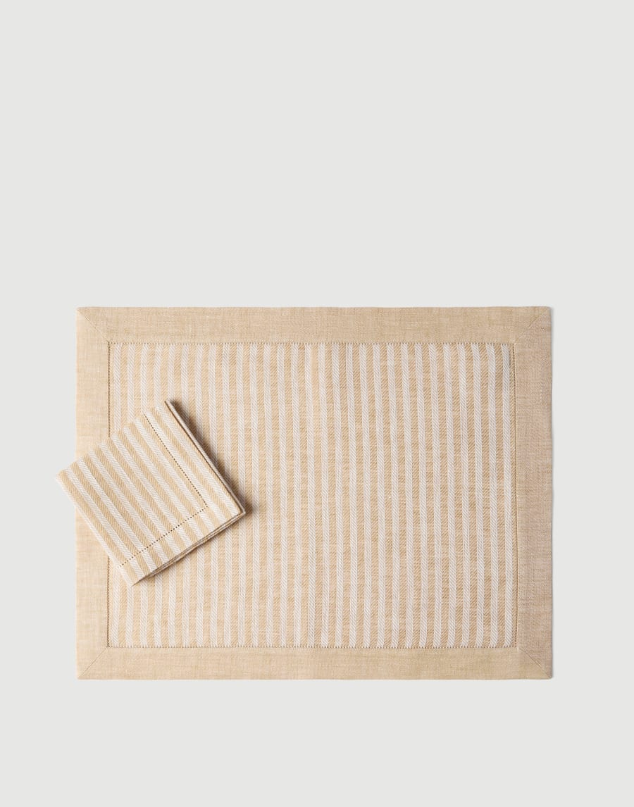 Chalk stripe linen placemat and napkin set Camel Lifestyle - Brunello Cucinelli