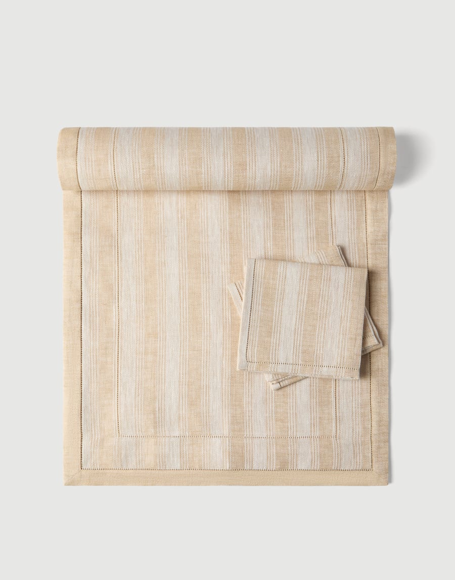 Striped linen runner and 2 napkins set Camel Lifestyle - Brunello Cucinelli