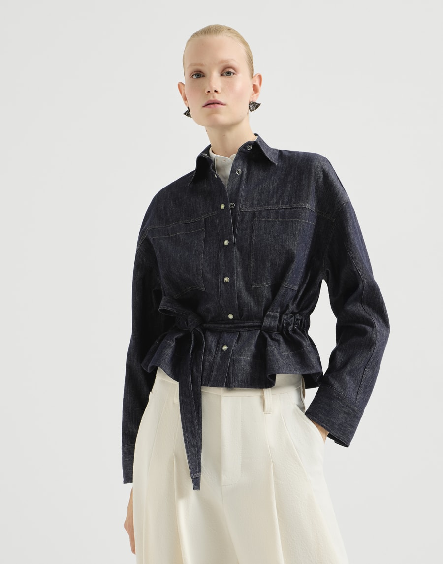 Рубашка Crop из твила с эффектом денима Тёмный Деним Женщина - Brunello Cucinelli
