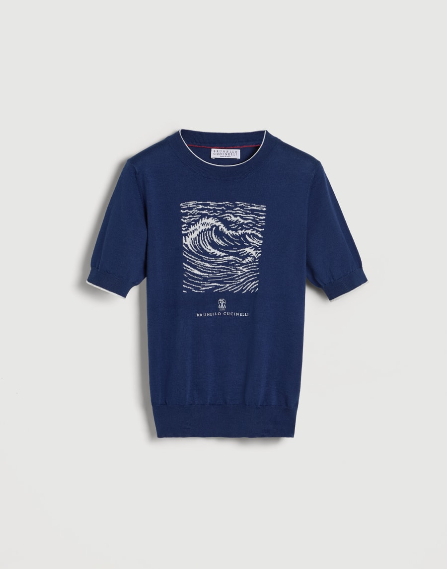 Knit T-shirt with 'Water' inlay Blue Boys - Brunello Cucinelli