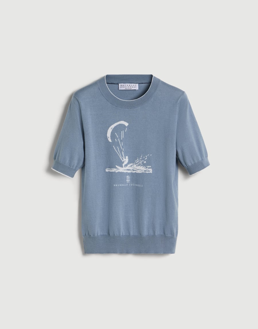 Knit T-shirt with 'water' intarsia Azure Boys - Brunello Cucinelli