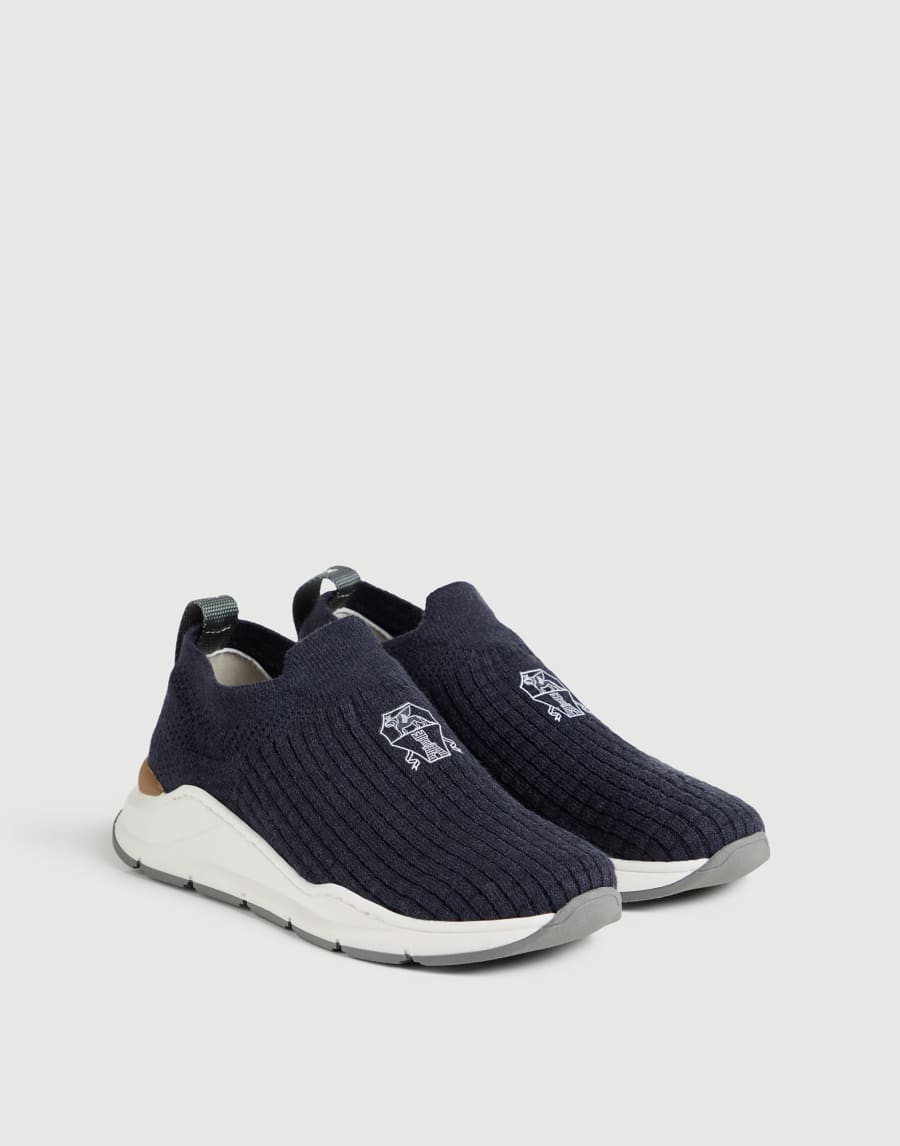 Knit slip-on runners with logo Blue Boys - Brunello Cucinelli