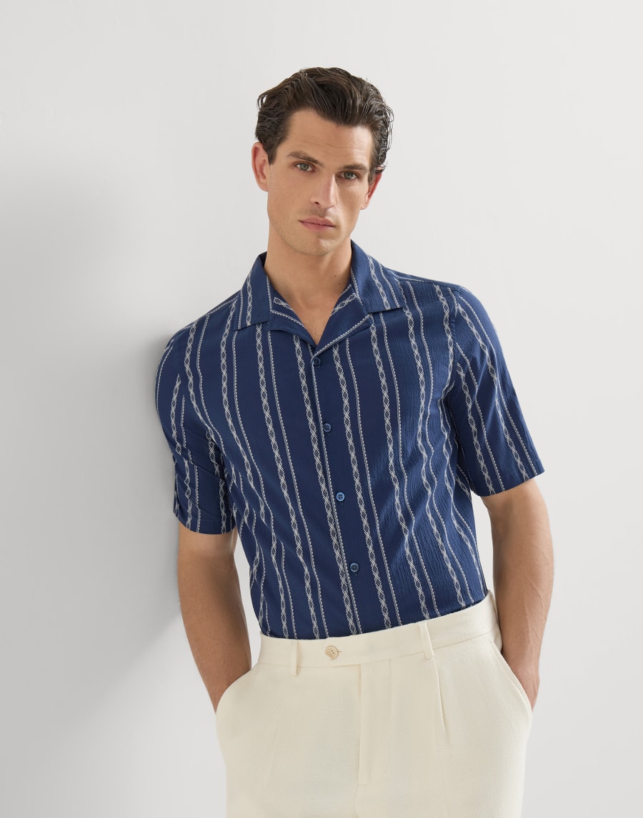 Camicia manica corta in seersucker Blu Navy Uomo - Brunello Cucinelli