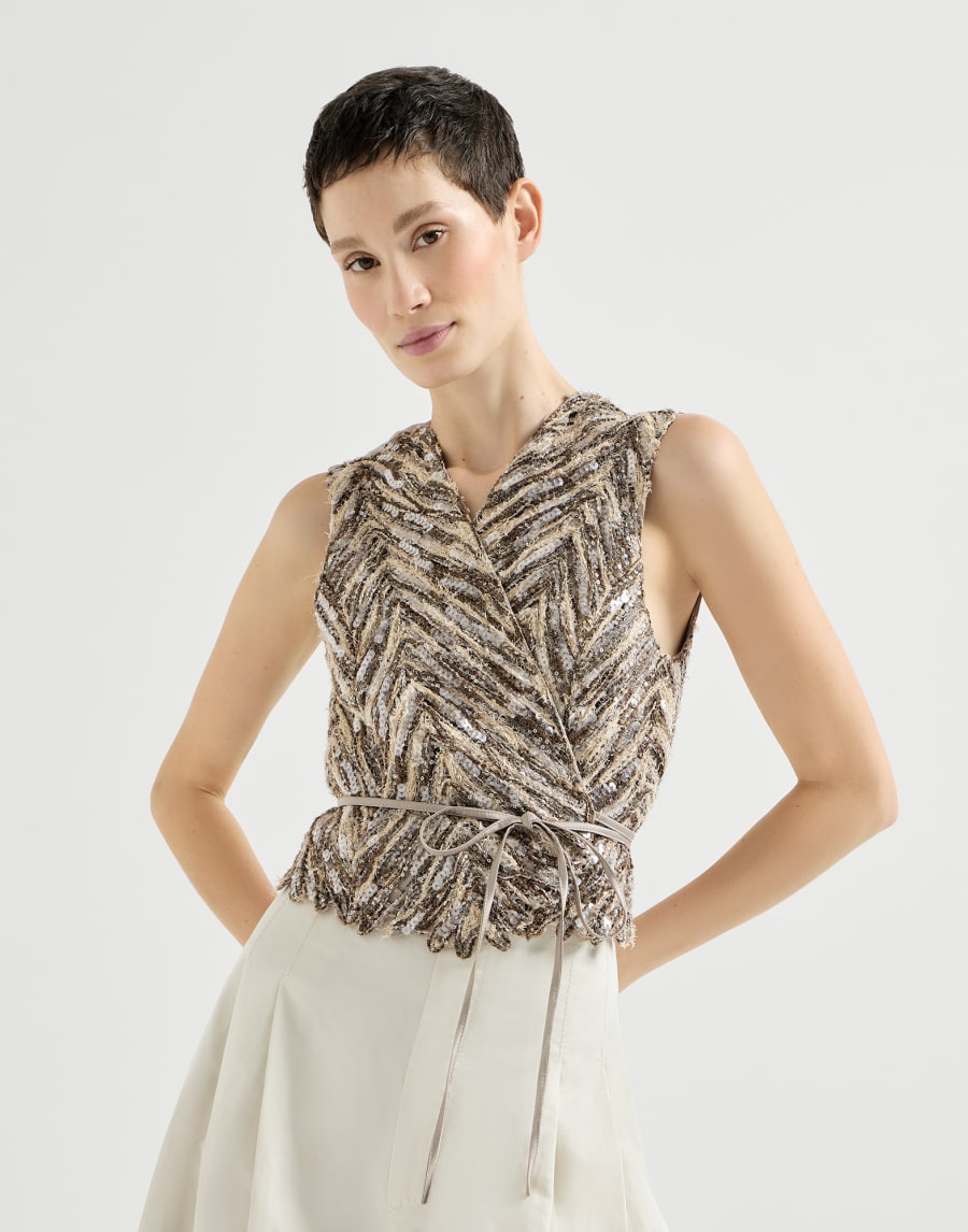 Gilet Dazzling Chevron Embroidery Marron Femme - Brunello Cucinelli