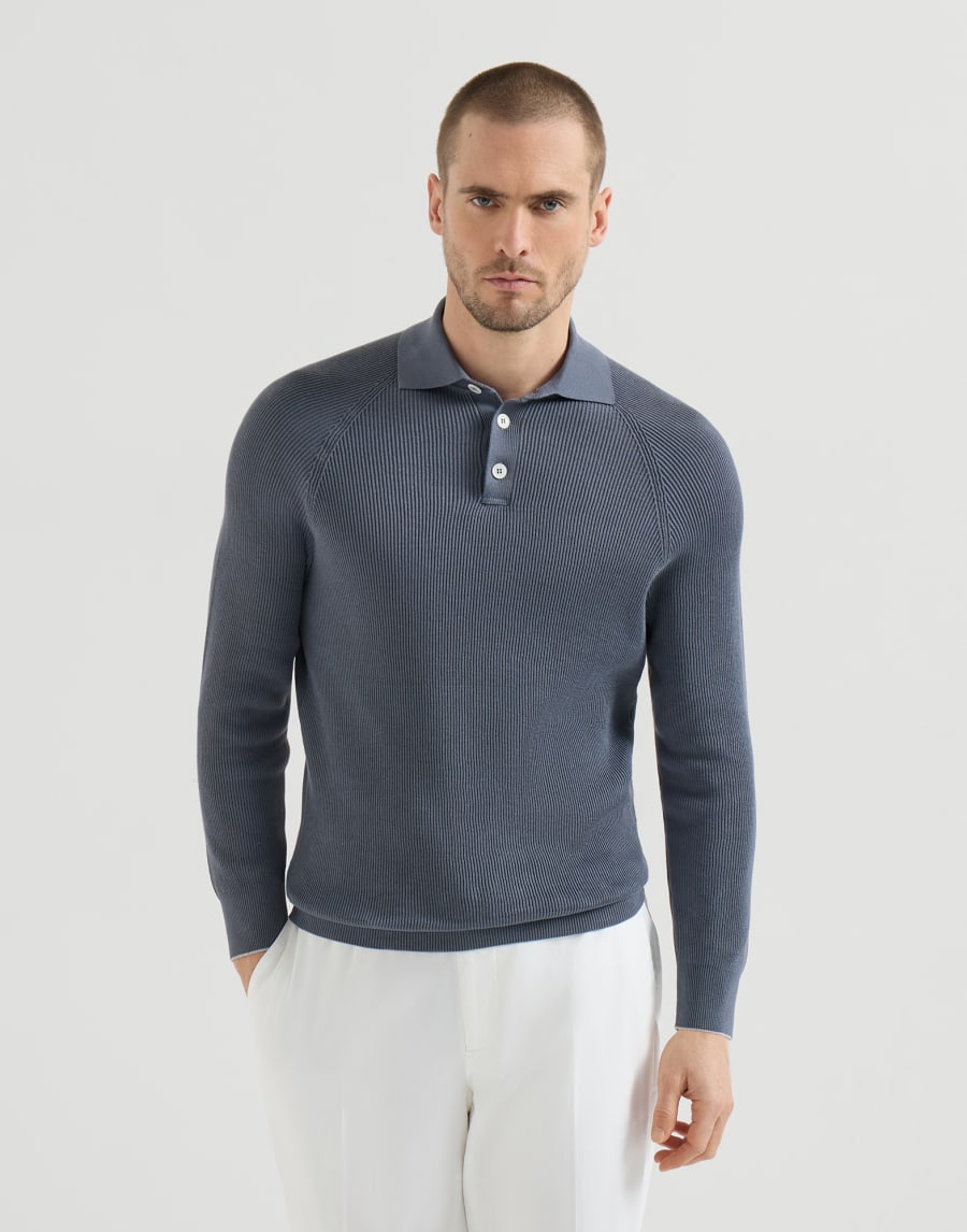 Polo de punto canalé inglés Gris Lignito Hombre - Brunello Cucinelli