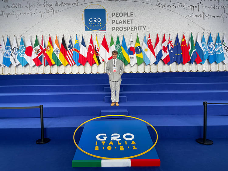 Brunello Cucinelli all'ingresso del G20 di Roma del 2021