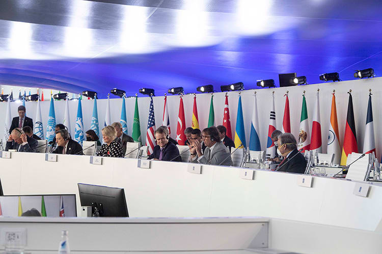 Brunello Cucinelli durante il discorso tenuto al G20 di Roma