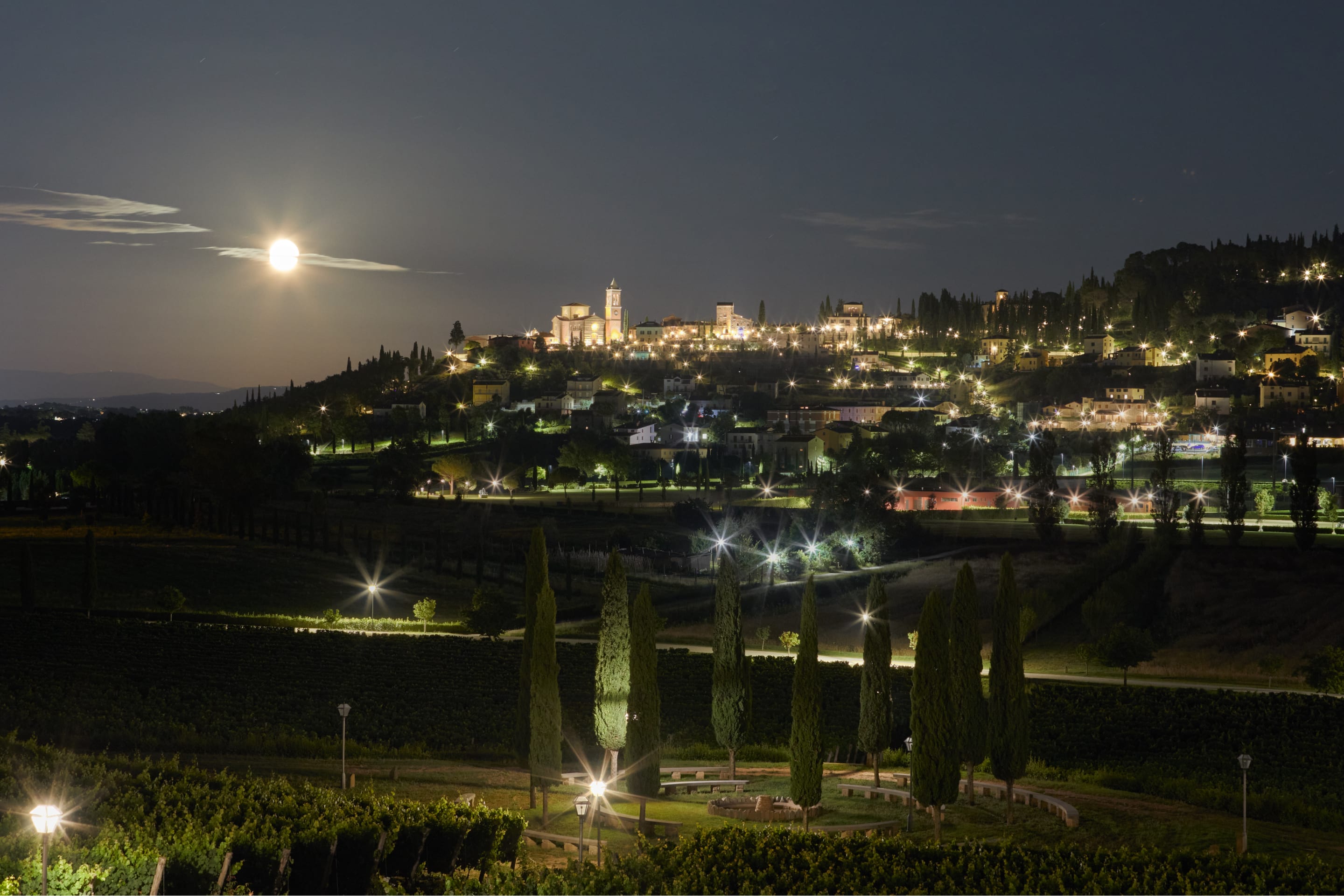 Night view of Solomeo from the vineyard