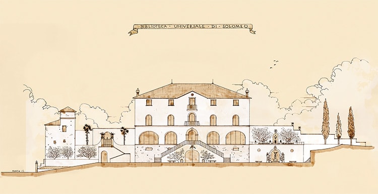 Prospetto frontale della Biblioteca Universale di Solomeo, disegno su carta