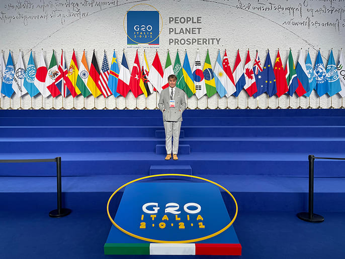 Brunello Cucinelli all'ingresso del G20 di Roma del 2021