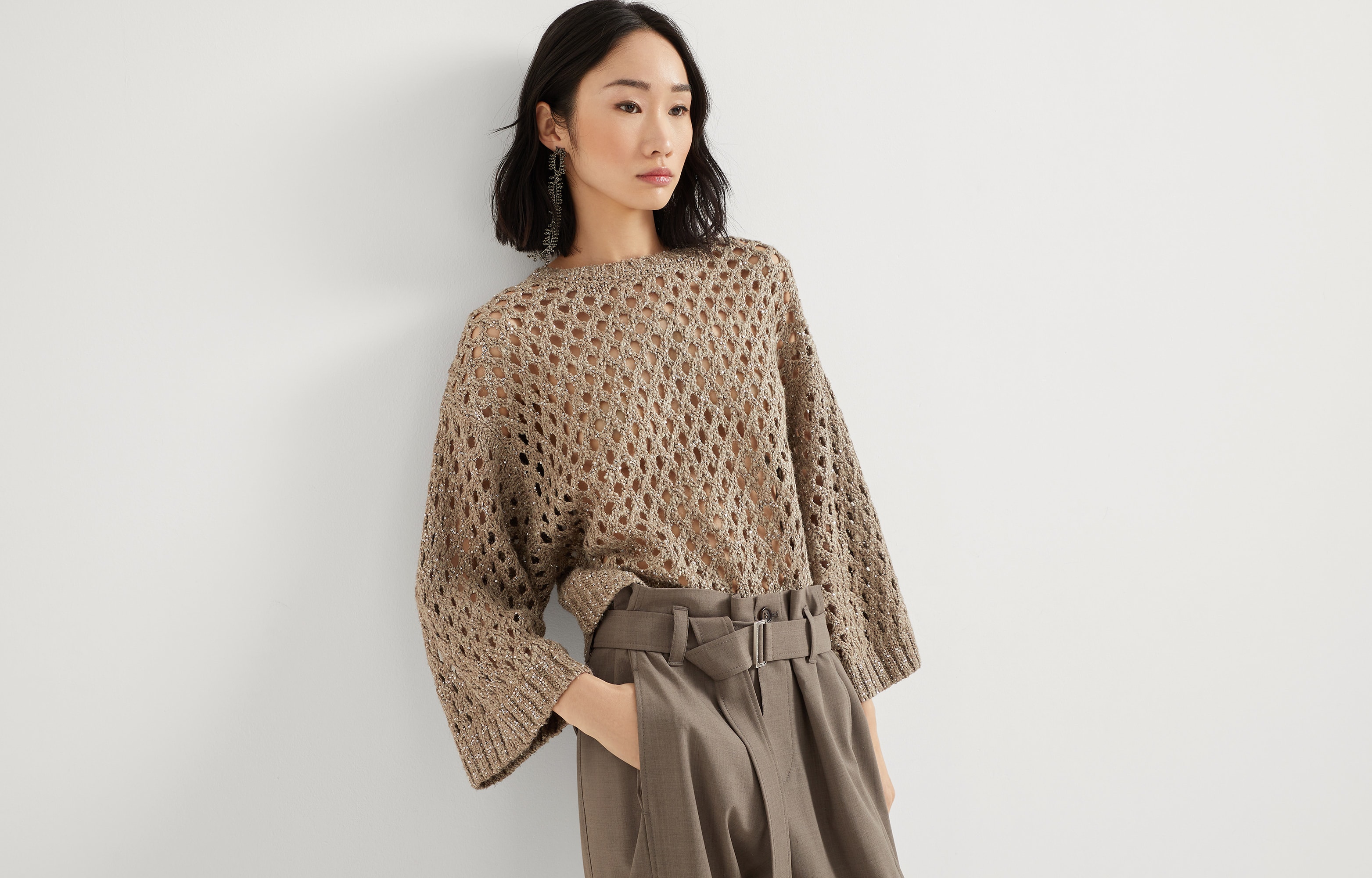 Dazzling Net sweater for Woman in Warm Beige | Brunello Cucinelli