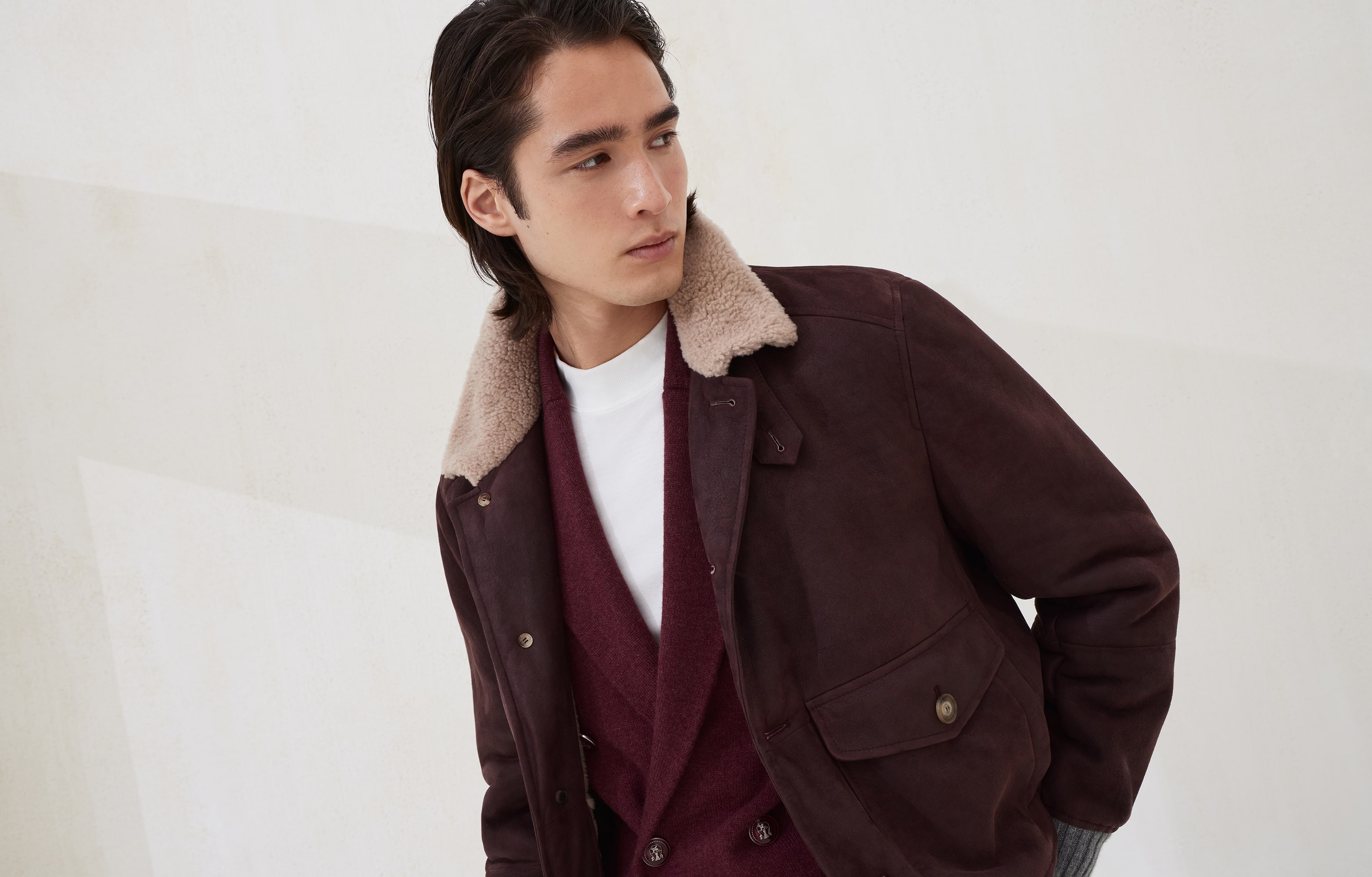 Nubuck shearling aviator jacket for Man in Purple | Brunello Cucinelli