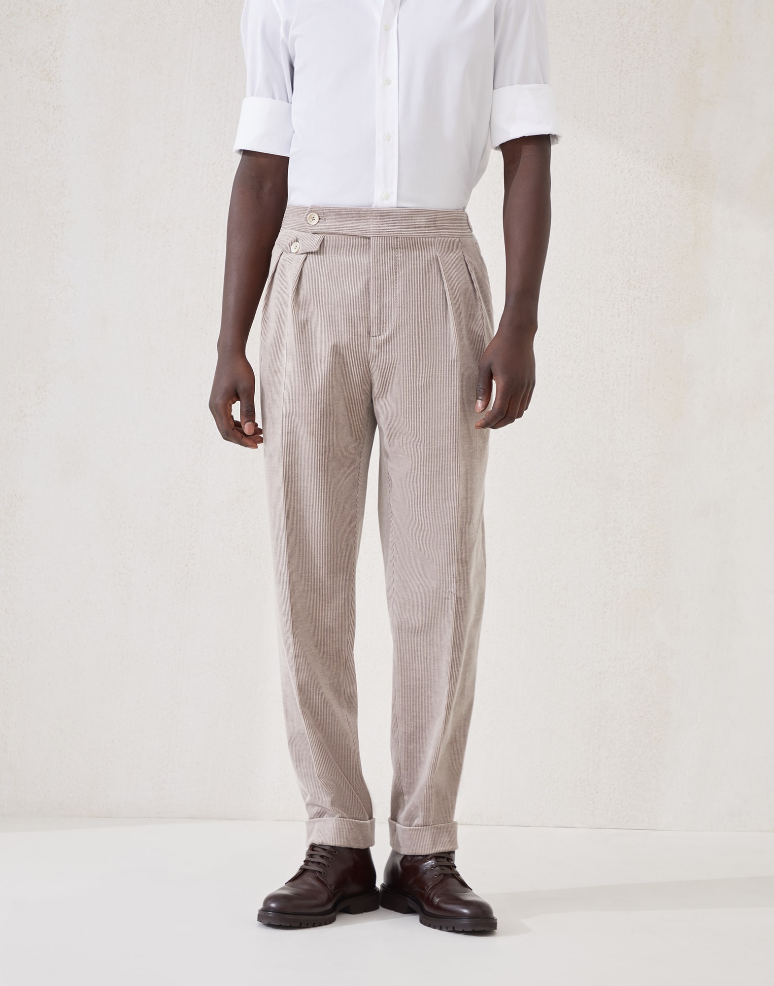 双摺和搭扣设计长裤 深青棕色 男款 - Brunello Cucinelli