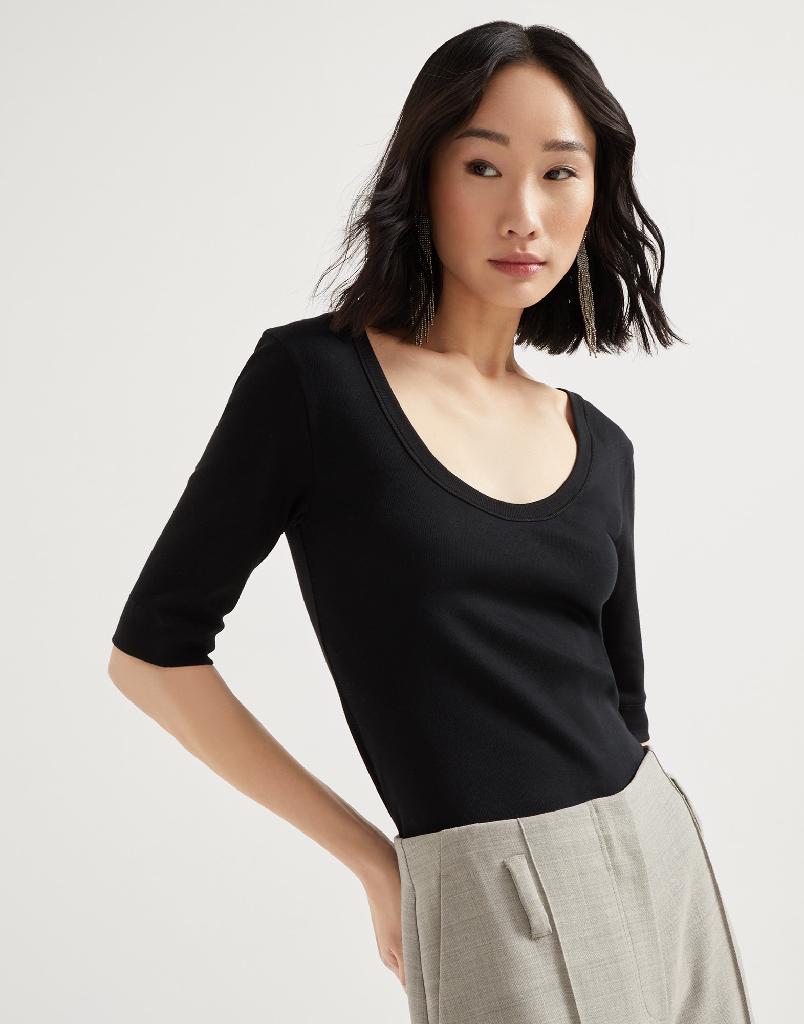 Tee-shirt en jersey côtelé Noir Femme - Brunello Cucinelli