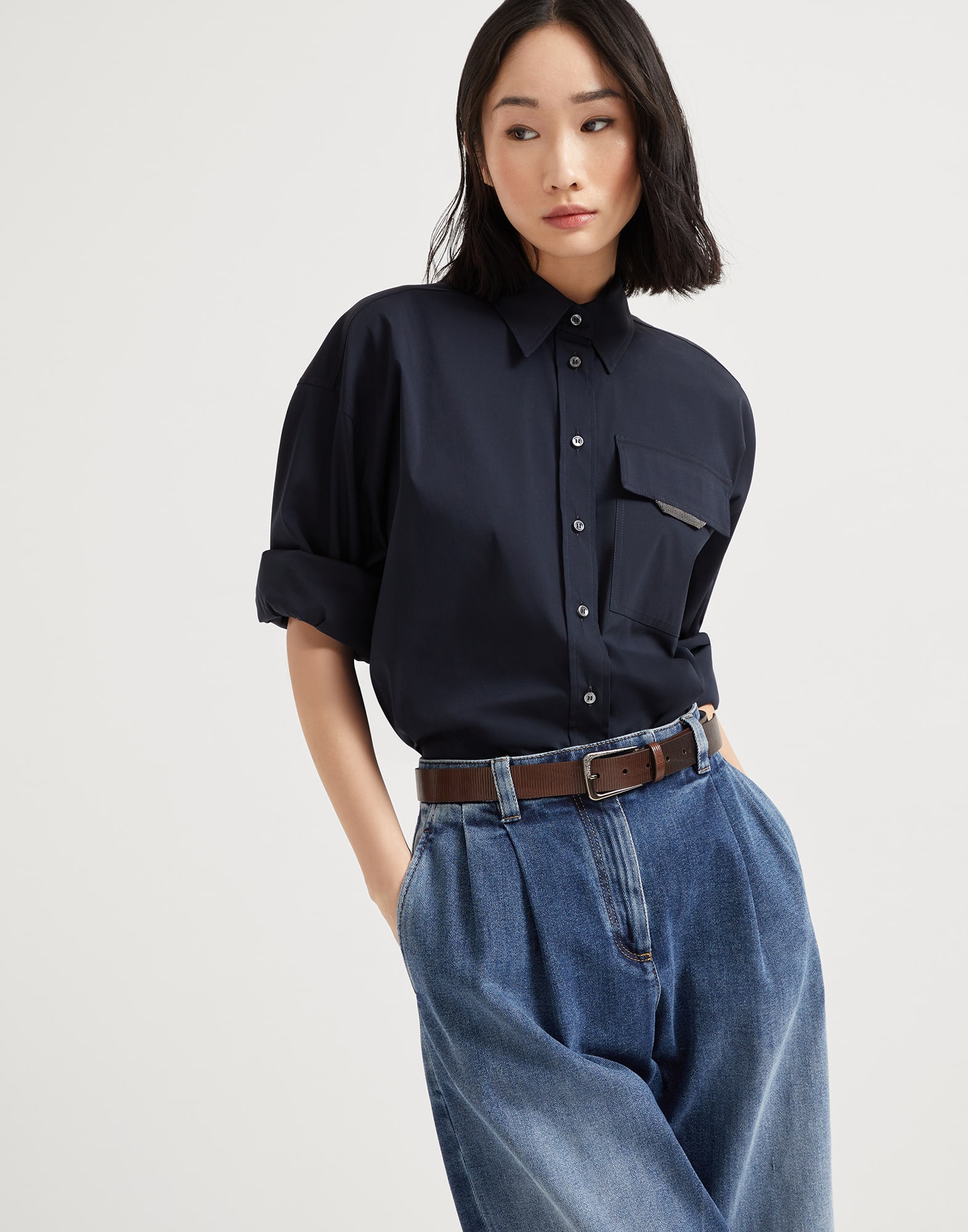 弹力府绸面料衬衫 夜黑 女款 - Brunello Cucinelli