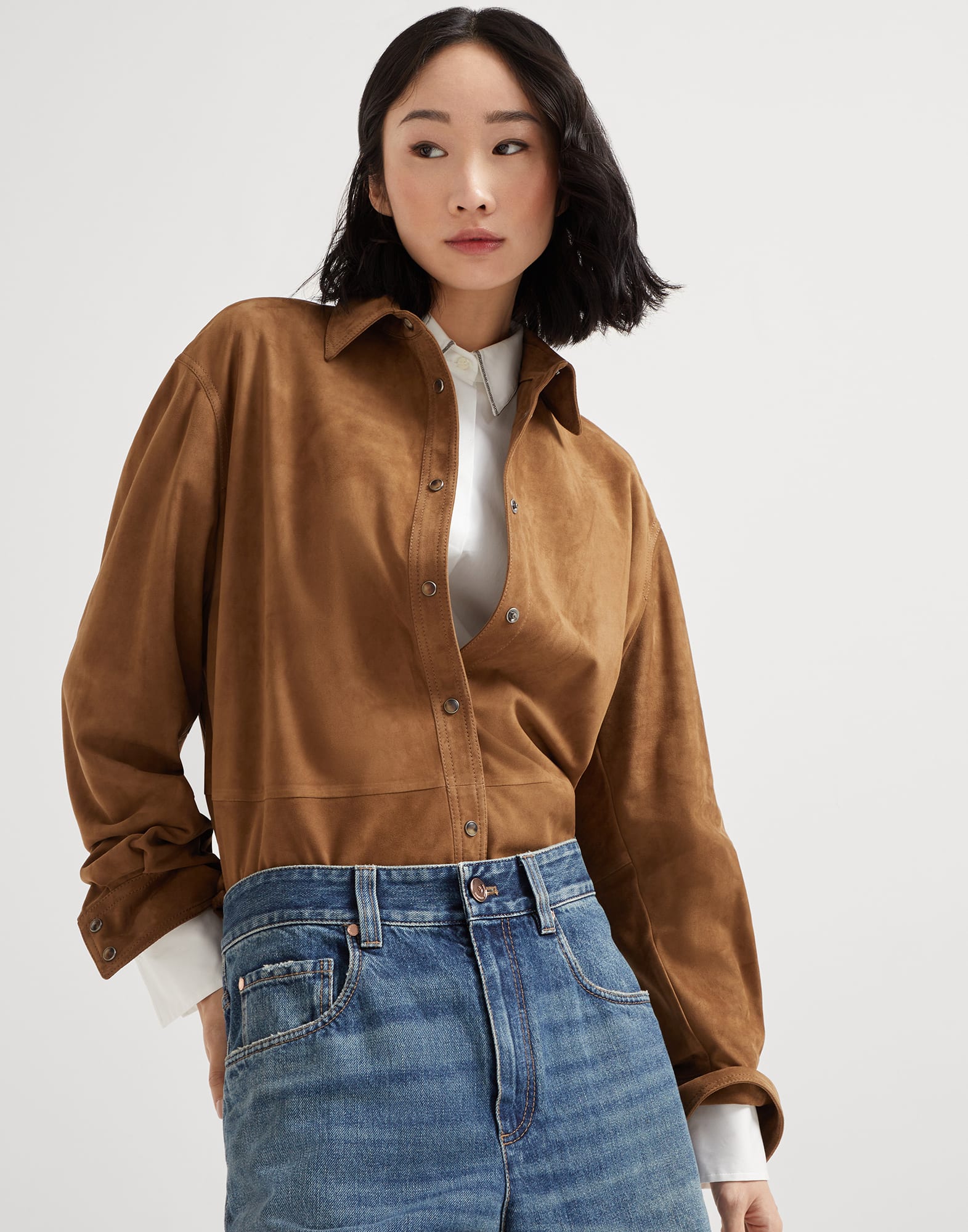 Suede shirt with monili Light Brown Woman - Brunello Cucinelli