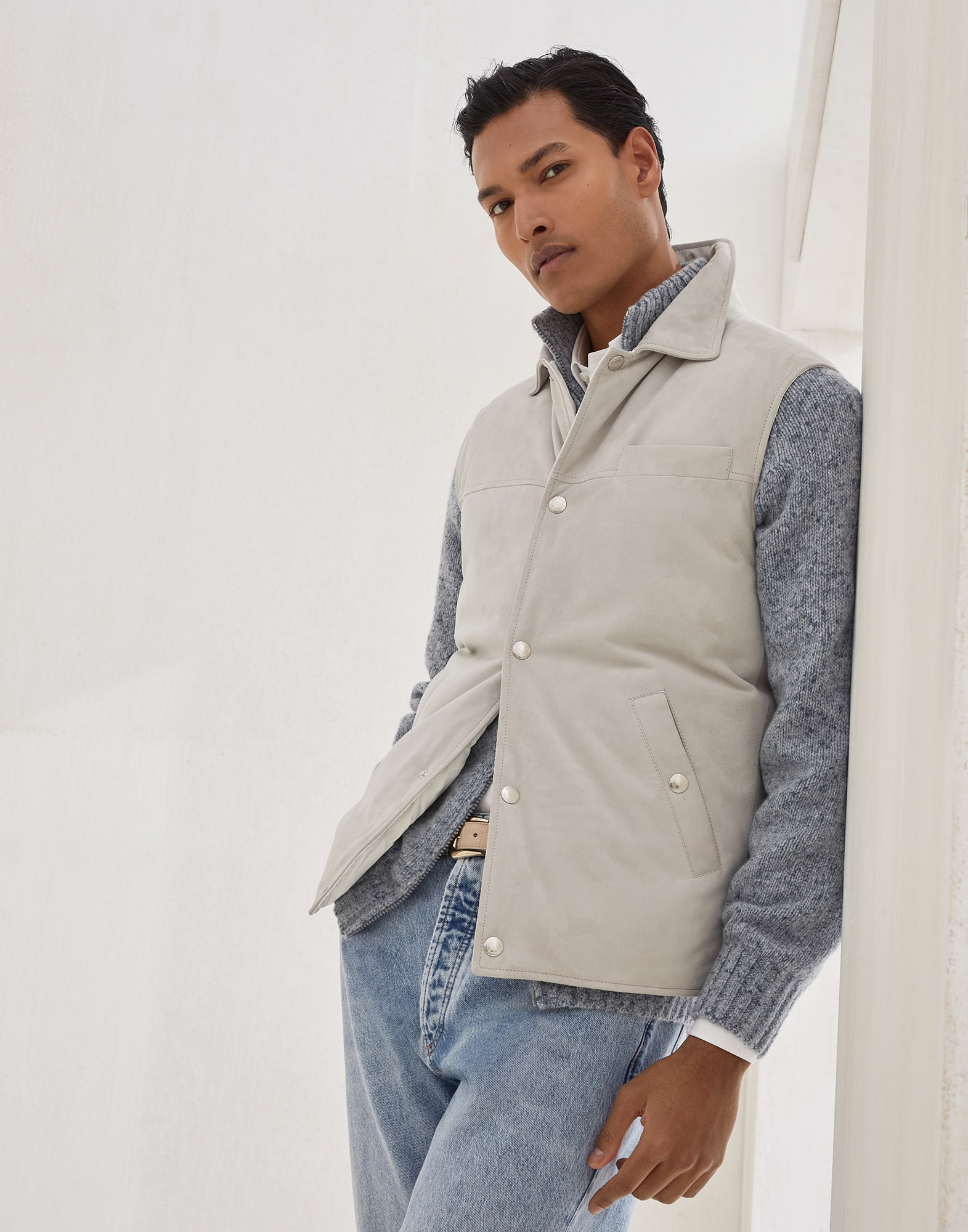 Suede down vest Ivory Man - Brunello Cucinelli