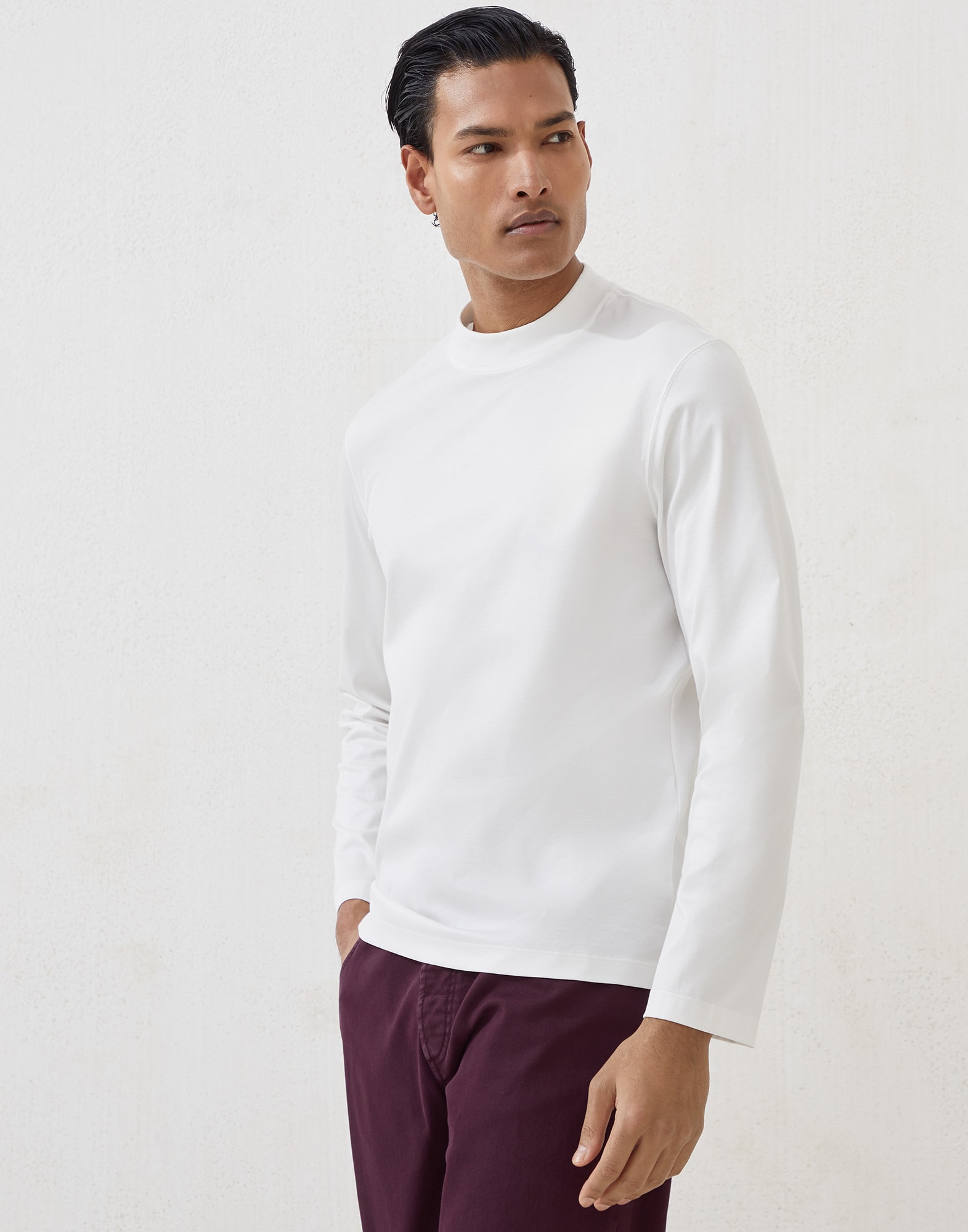 T-shirt in jersey à col cheminée Blanc Cassé Homme - Brunello Cucinelli