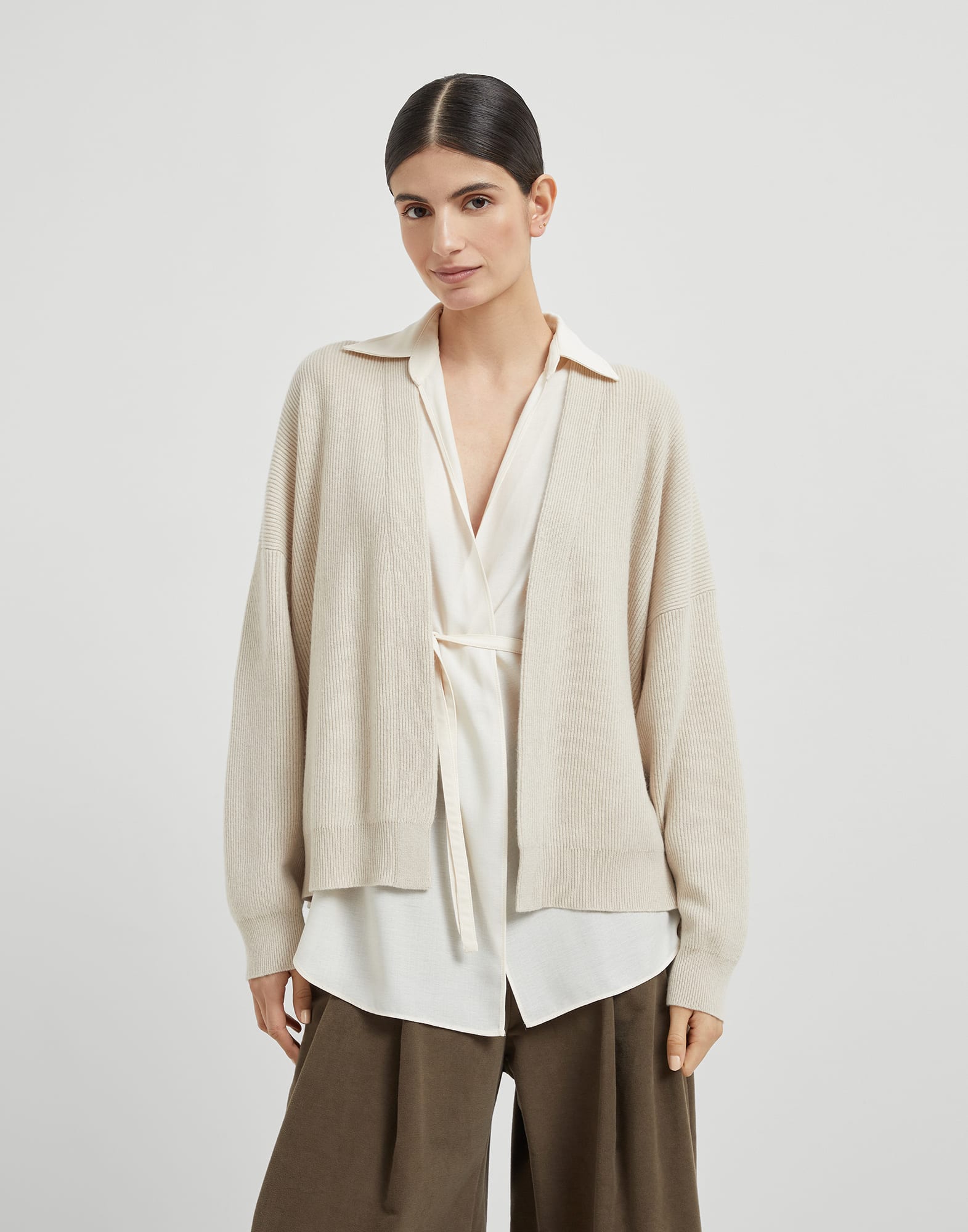 Cashmere cardigan with blouse Beige Woman - Brunello Cucinelli