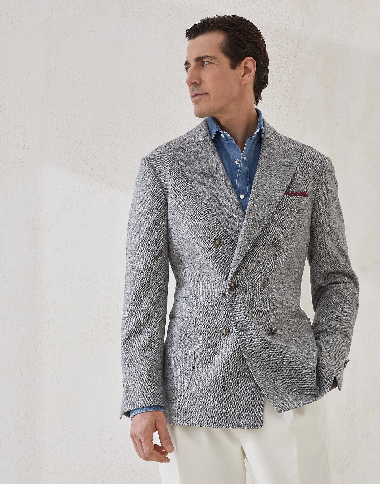 板丝呢外套 中灰 男款 - Brunello Cucinelli