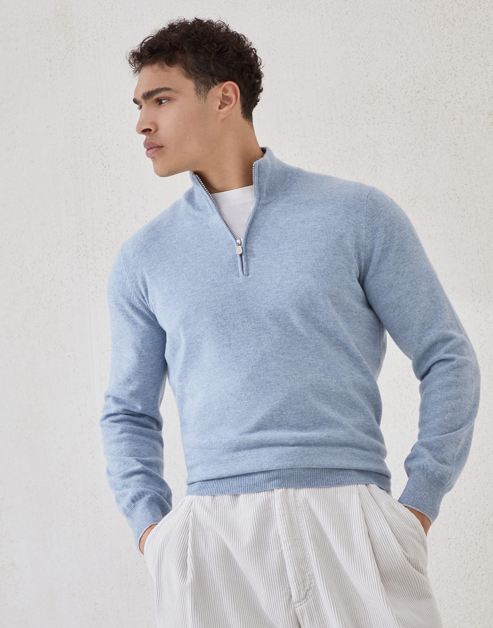 Cashmere sweater for Man in Denim | Brunello Cucinelli Cashmere sweater for Man in Denim | Brunello Cucinelli