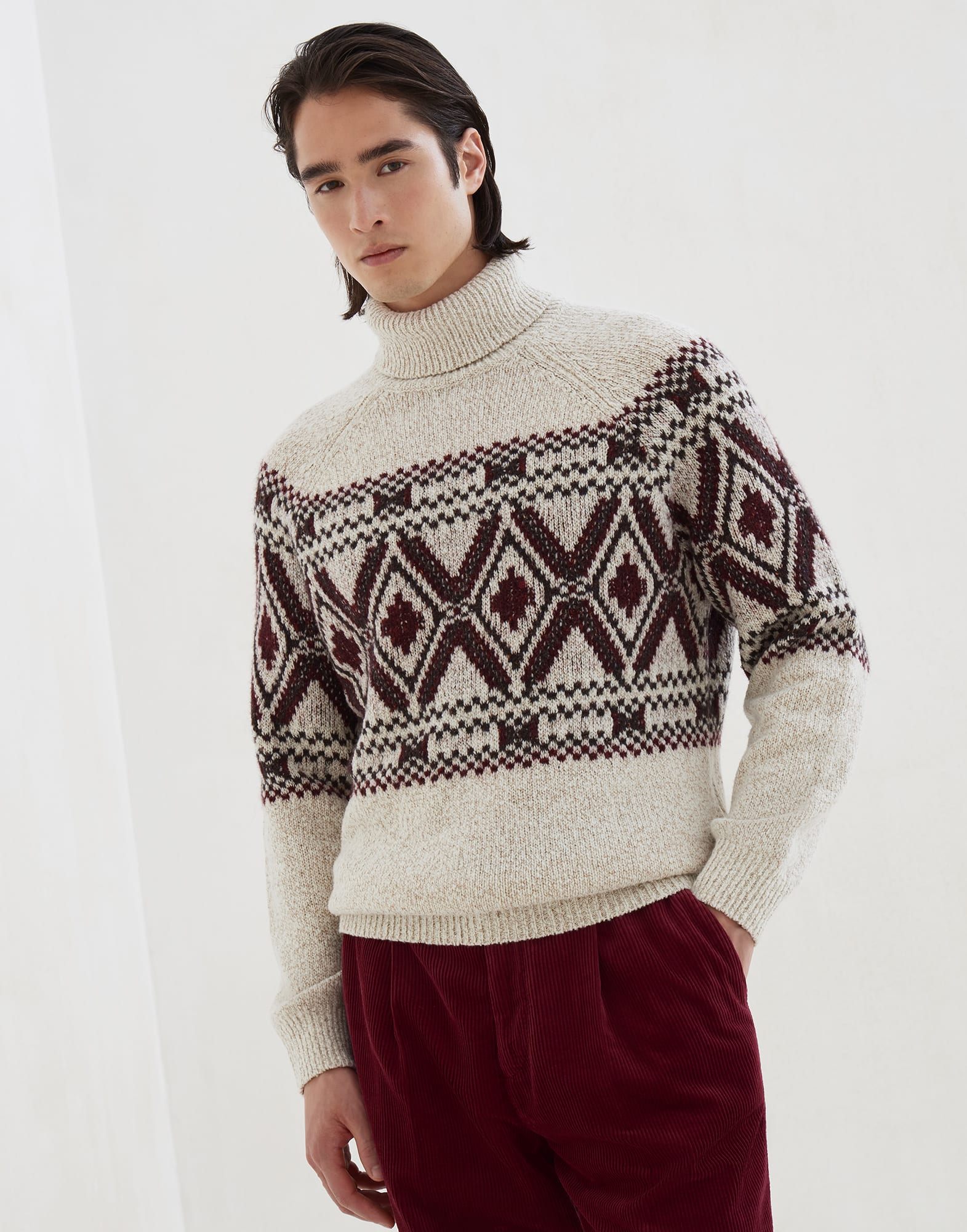Jacquard turtleneck sweater Ecru Man - Brunello Cucinelli