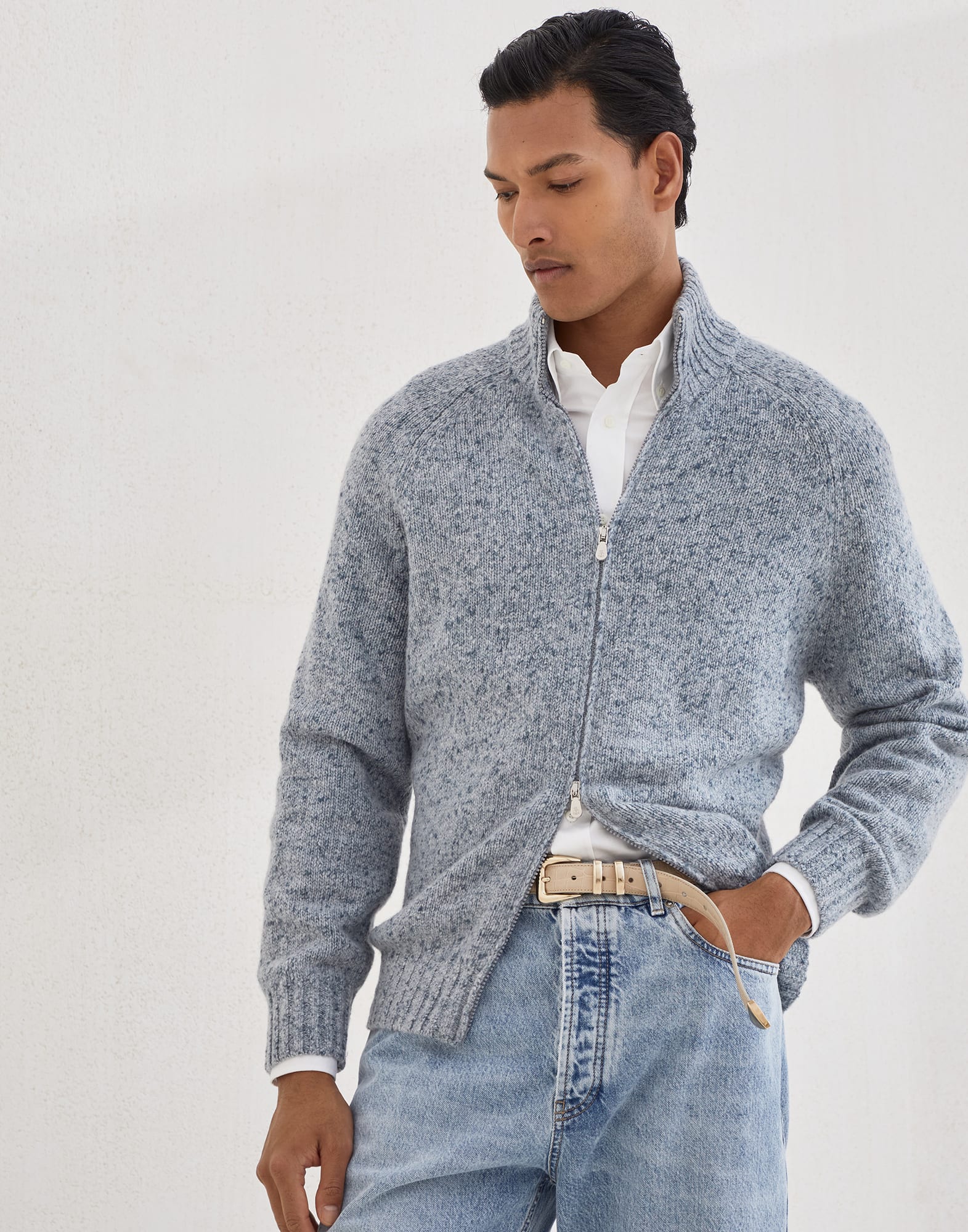 Zip-front cardigan Light Blue Denim Man - Brunello Cucinelli