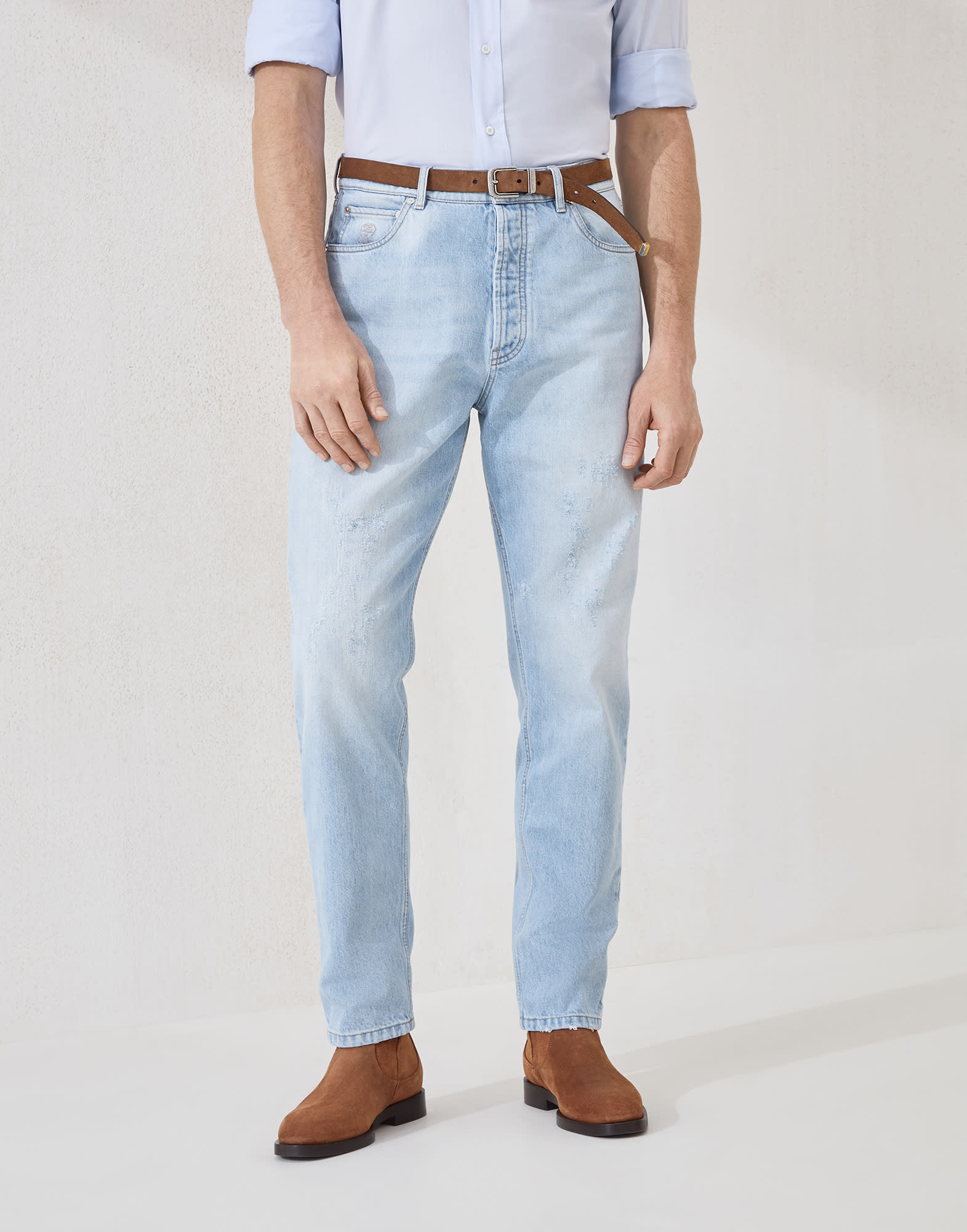Denim trousers with rips Light Blue Denim Man - Brunello Cucinelli