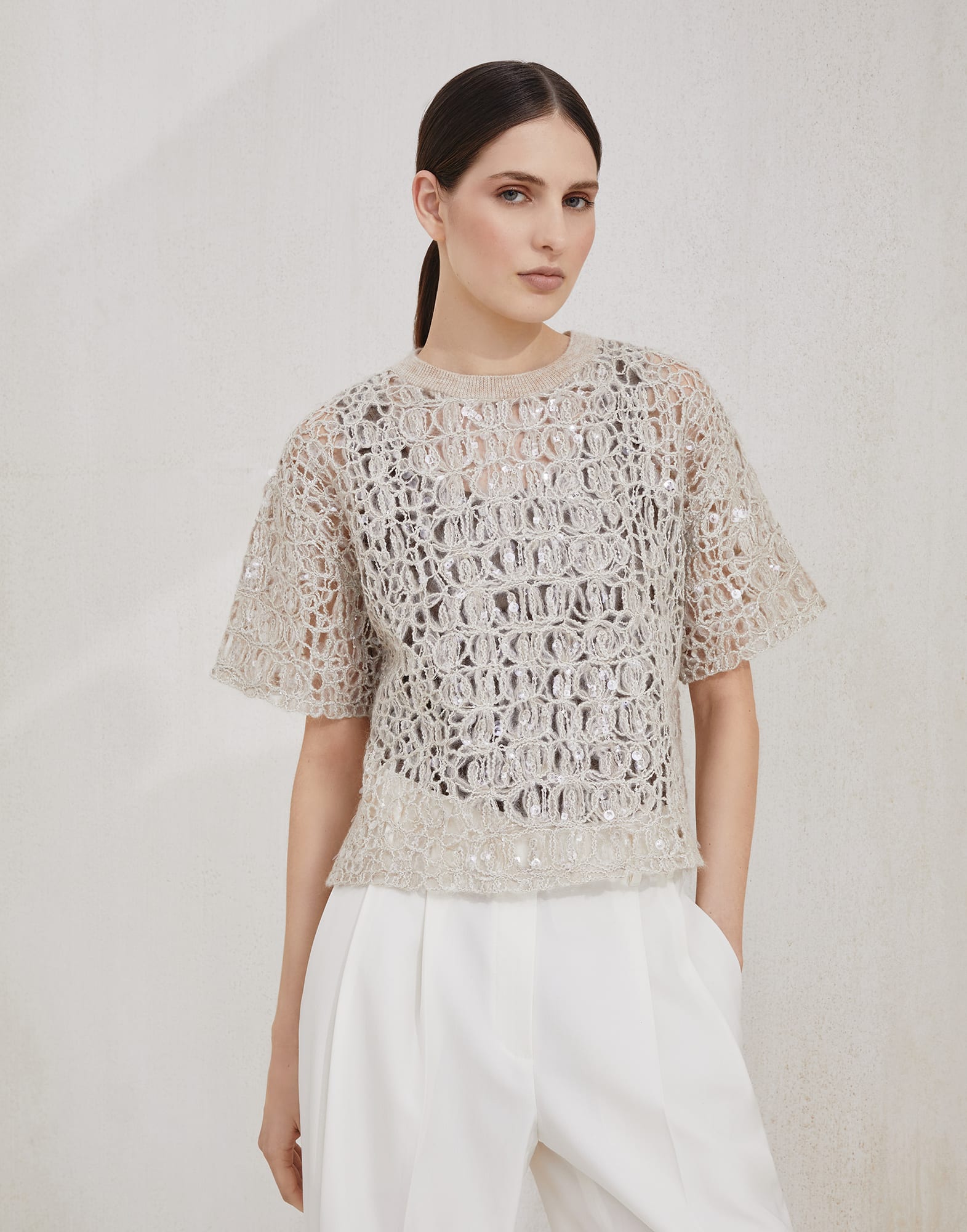 Camiseta Dazzling Croc Embroidery Beige Claro Mujer - Brunello Cucinelli