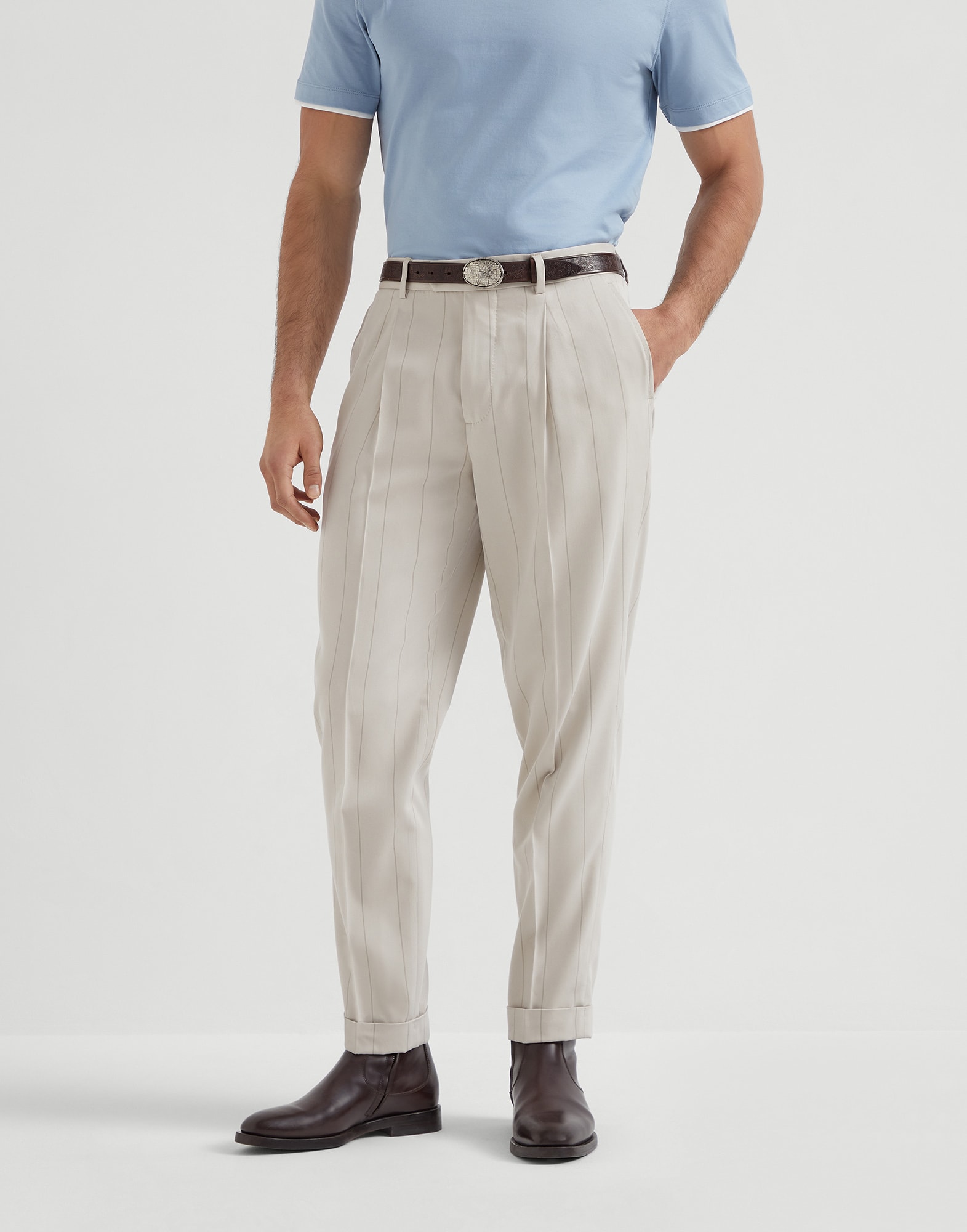 打摺休闲款式长裤 象牙色 男款 - Brunello Cucinelli