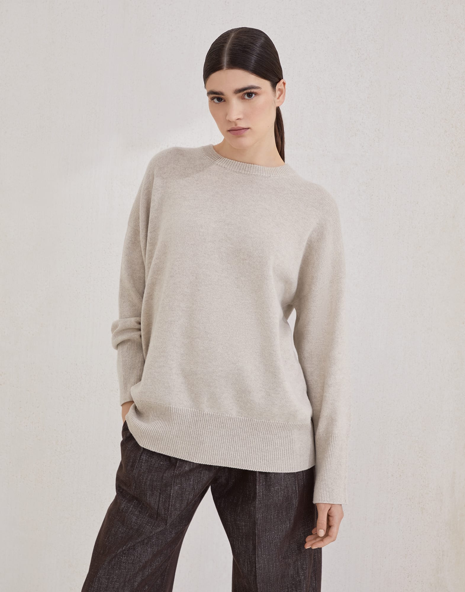 Cashmere sweater with monili for Woman in Beige | Brunello Cucinelli Cashmere sweater with monili for Woman in Beige | Brunello Cucinelli
